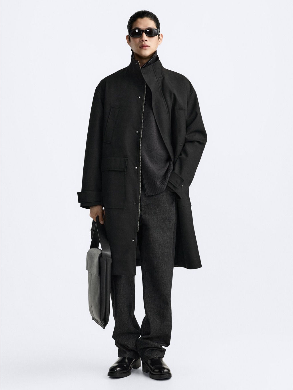 Zara Textured Pocket Coat In Black